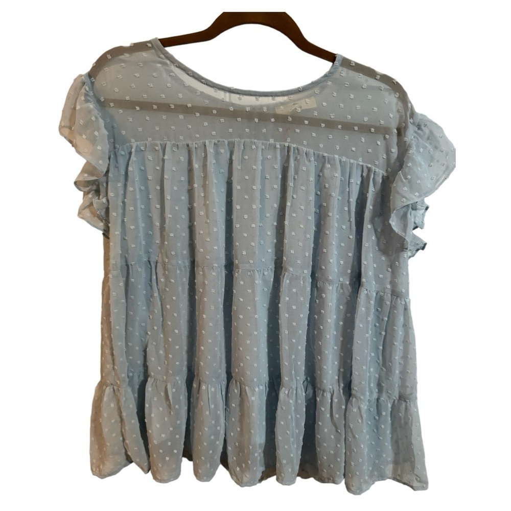 entro Light Blue Swiss Dot Ruffle Sleeve Blouse